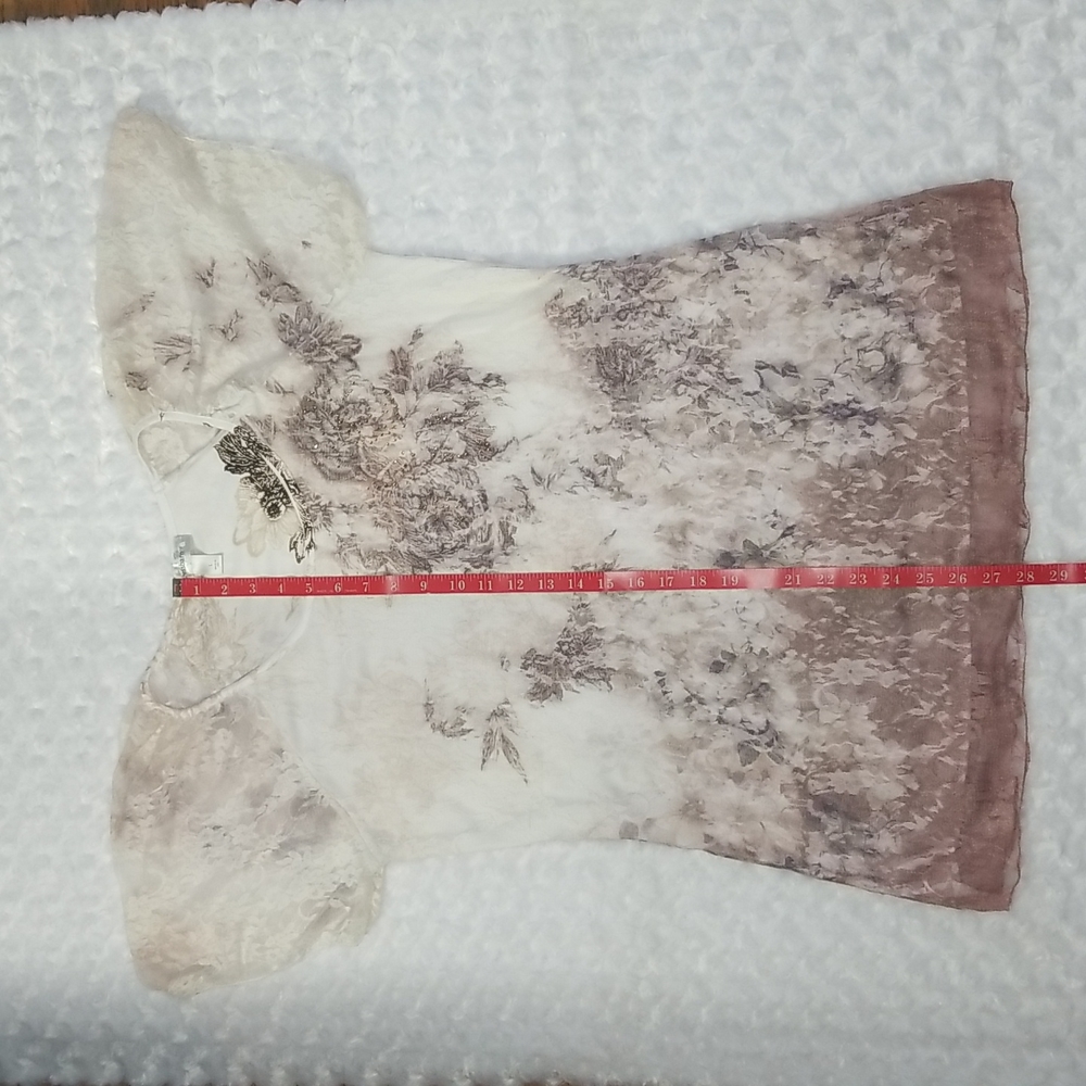 Dressbarn Large Short Sleeve Mauve, Tan & Cream Floral Lace Overlay Tunic Top - Picture 10 of 10